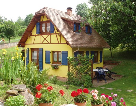 G�raniums et iris devant le "G�te en Alsace"