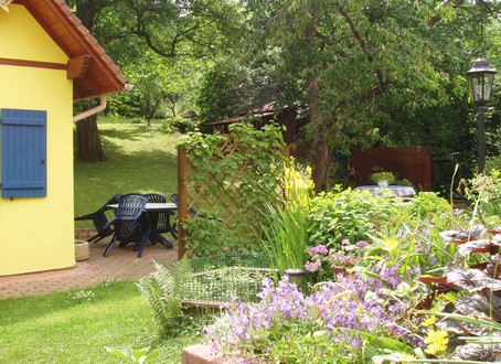 Fleurs, bassin et verger au "Gite en Alsace"